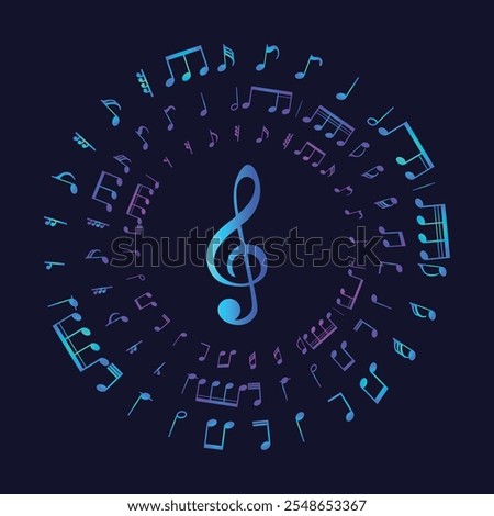 multiple musical notes and symbols arranged in circular patterns, also displaying a gradient effect.