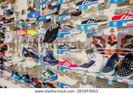 Taipei, TAIWAN - May 29, 2015: A view of a wall of shoes inside the local shoe  shop