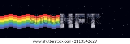 NFT lettering and rainbow vector meme. Colorful 8-bit pixel graphics. Crypto art. Cryptography vector wallpaper.
Panorama flat digital vector illustration