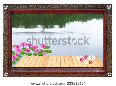 frame of natural rustic wooden bridge piers with lotus.
