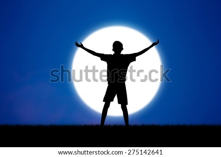 Abstract silhouette people praying in blue sky at night moon.