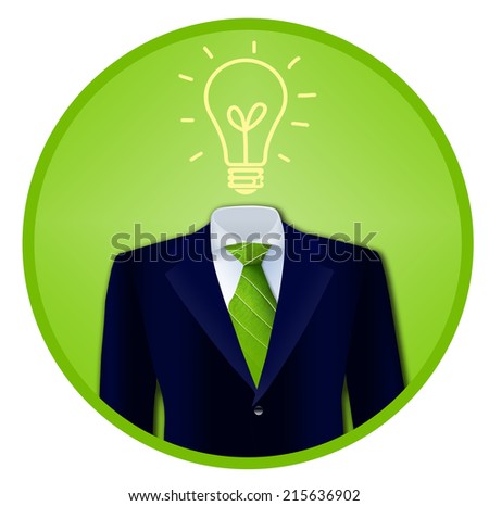 Green business badge represented through a business suit, tie made of leaves and light bulb as head.