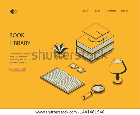 Isometric image on yellow background of book library. Visualization of books with a student hat, a table lamp illuminates the hall, glasses with a magnifying glass for searching. Vector illustration.