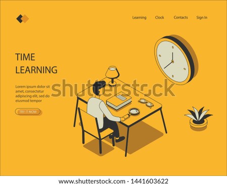 Isometric image on a yellow background while learning. Visualization of the character at the table, there is a table lamp, a book, a clock hanging on the wall. Vector illustration.
