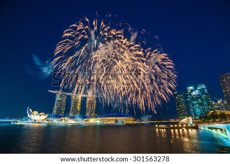 Singapore - July 18, 2015: Singapore National Day dress rehearsal Sands Hotel fireworks