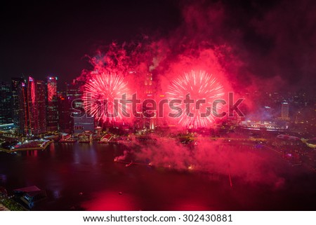 Singapore - Aug 01 2015: Singapore National Day dress rehearsal Sands Hotel fireworks