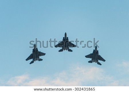Singapore - Aug 01, 2015:Fiftieth anniversary of the Singapore 50 years National Day rehearsal, fighter formation flew over the city