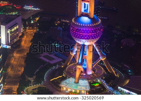 Oriental Pearl Tower at the nighttime. located at Lujiazui finance and trade zone in Pudong