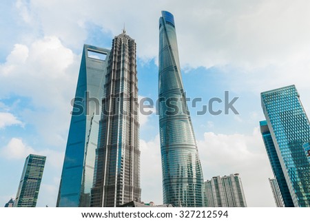 SHANGHAI, CHINA - September 24, 2015: Shanghai Tower, World Financial Center and Jin Mao Tower in Shanghai, China. These are the tallest buildings in Shanghai