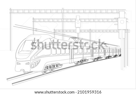 Simple drawing modern perspective scetch of rapid train, Stock vector design. EPS 10. art graphic illustration of electric transport ,in black and white colours,can be used as poster, background, plan