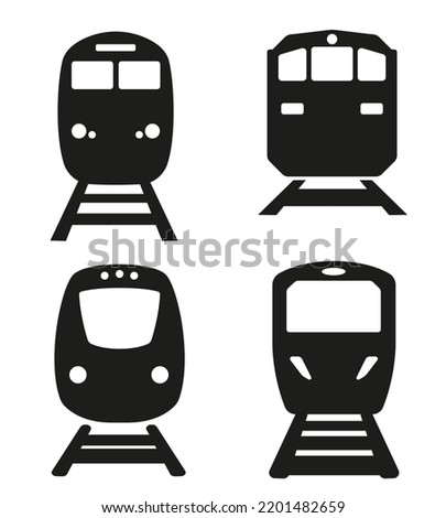 Set of black train icons, illustration of simple vector isolated on white background, eps 10, silhouettes group of transportation,railroad and railway, metro and subway, drawing objects, logo style
