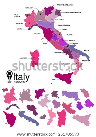 Regions map of Italy. Mappa delle regioni Italia colore