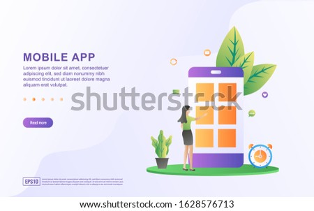 Mobile app flat design concept. Woman is trying a mobile application. Install or update the mobile app. Can use for web landing page, marketing material, mobile app, web banner. Vector illustration