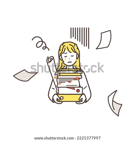 Illustration of busy business woman. It shows how paperless is not progressing. vector.