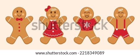 Set of gingerbread man and woman sweet cookies. Holiday winter Christmas symbols. Vector illustration.