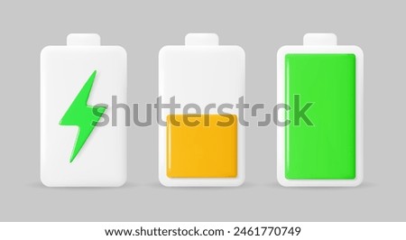 Battery charge indicators in 3D style. Glossy battery icons with charge levels. Vector illustration