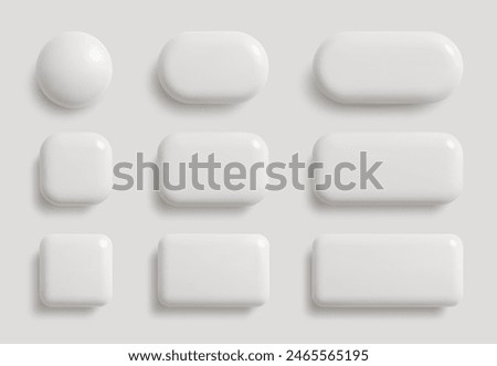 Simple white blank monochrome buttons in 3D style. Circle, square, rectangle shapes. Vector illustration