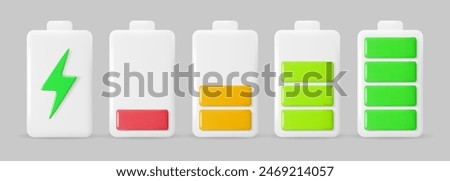 Set of 3D battery charge indicators with charge levels. Energy power symbols. Vector illustration