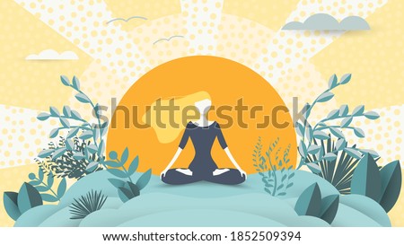 Spiritual therapy for body and mind with harmony yoga vector illustration. Wellness and health in nature. Mentally calm girl on the background of the sun. Balance and serenity of mind and body Imagine de stoc © 