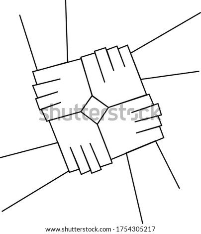 joined hands continuous line art design, four hands united, geometric style, modern simple vector illustration