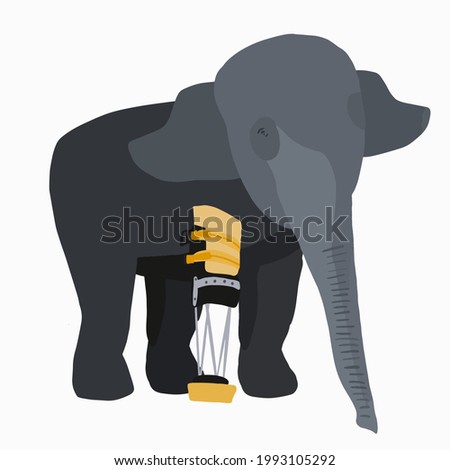 elephant with a prosthesis in the left front paw, amputation of animals, clip art vector illustration isolated on white background.