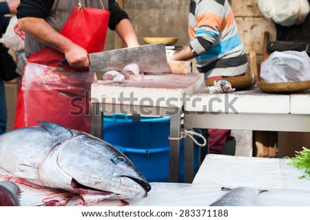 Tuna fish on the table of a fish seller in the fish market of Catania, Sicily