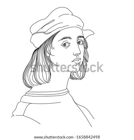 self portrait of a young Italian Renaissance artist & architect Raphael Santi in a cap, vector illustration with black contour lines isolated on white background in hand drawn style