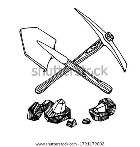 pickaxe, shovel & pieces of coal with diamond gemstones, mining tool, treasure hunting logo or emblem, vector illustration with black ink lines isolated on a white background in a hand drawn style