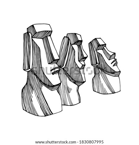 group of stone statues from Easter island, moai monuments, exotic touristic landmark, vector illustration with black ink lines isolated on white background in doodle & hand drawn style