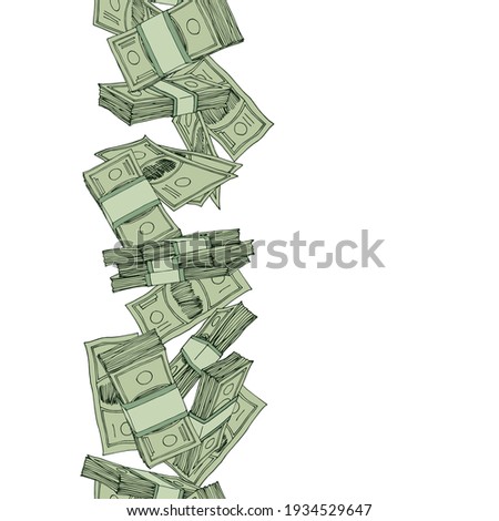 vertical seamless money pattern, paper banknotes, pile of bucks, financial capital, color vector illustration with green contour lines isolated on white background in doodle and hand drawn style