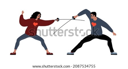A young woman fencing with her boyfriend. The concept of a love duel. Jealous lovers. Color vector illustration isolated on a white background in a cartoon and flat design.