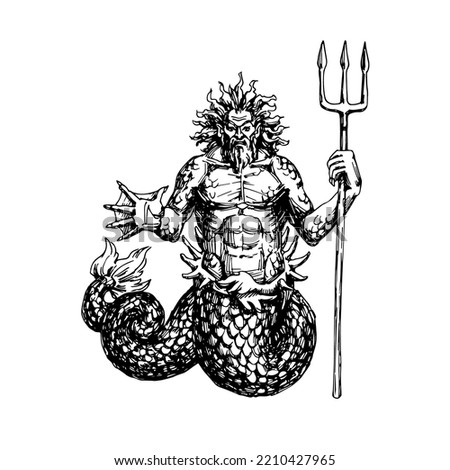 Triton, the ancient Greek God of the depths of the sea with a trident. Logo or emblem for diving. Vector illustration with black ink lines isolated on a white background in a hand drawn style.