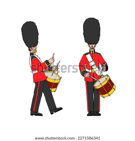 A royal drummer wearing a bearskin hat. Festive military band. Color vector illustration with black contour lines isolated on a white background in a cartoon style.