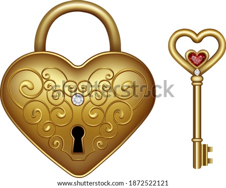 gold heart shaped padlock and key