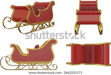 isolated santa claus sleigh 3d illustration. christmas sleigh front, side and top view vector