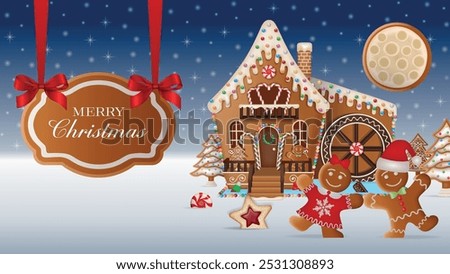 christmas banner with gingerbread watermill. christmas greeting card with cookies and candies