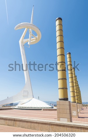 Barcelona, Spain - May 9, 2014: Calatrava\'s telecommunications tower of the olympic village in Barcelona, Catalonia, Spain. The tower is owned by Telefonica
