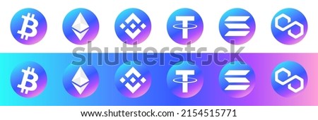 Set of Crypto logos. Cryptocurrency symbol collection of Bitcoin BTC, Ethereum ETH, Binance BNB, Tether USDT, Solana SOL and Polygon MATIC.