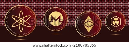 crypto currency set, gold currency vector illustration block chain logo isolated on red background on gold coin, digital currency counter icon Proton, Monero, Ethereum 2.o, crypto.com coin