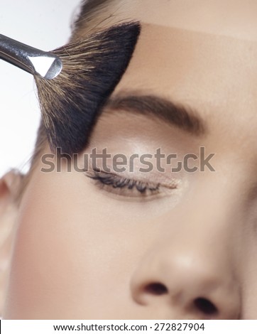 Brush blusher spreading liquid cosmetic powder on face and eyes (shallow focus)