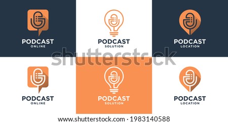 Set of minimalist podcast with line art style. Creative microphone logo design ready to use.