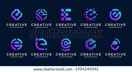 Collection of technology logo template with abstract letter e symbol digital, data, dot, connection and target for business.