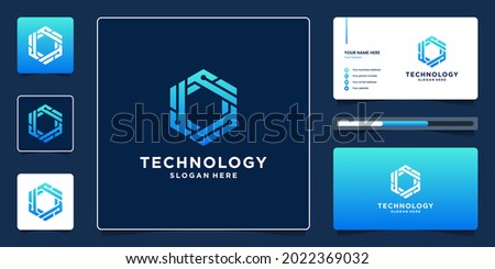 Abstract hexagon geometric technology logo design with dot and circuit symbol