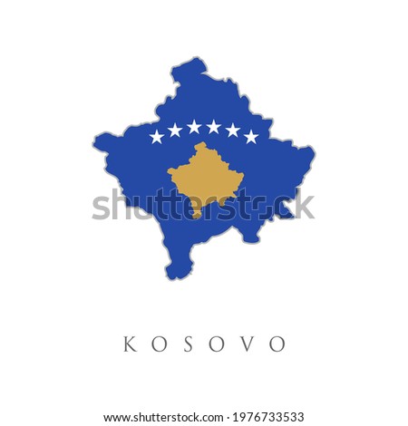 Vector illustration with Kosovo national flag with shape of this map. Map with flag of Kosovo isolated on white. National flag for country of Kosovo isolated