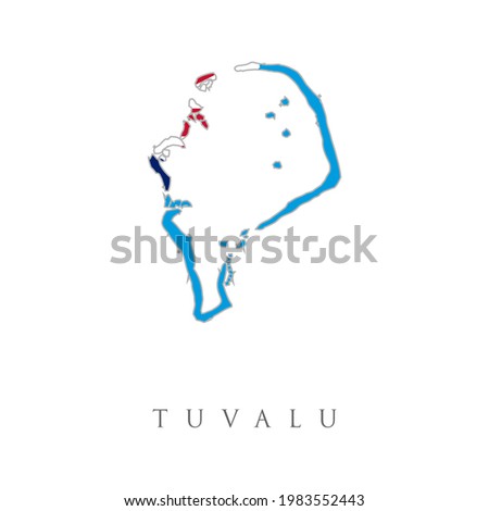 Tuvalu country flag inside map contour design icon logo. Map outline and flag of Tuvalu, a Light Blue Ensign with the Map of the Island of nine yellow stars on the outer half of the flag.