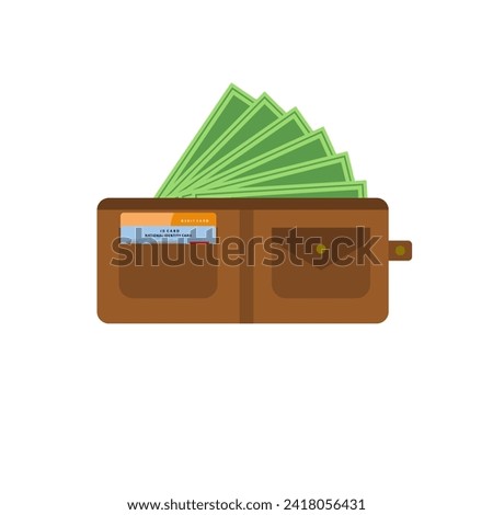 open wallet with banknotes, bank debit card and identity card flat design vector illustration. design for business, finance, banking, economics. Wallet with money dollar banknote