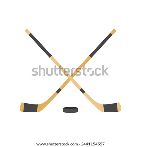 two crossed hockey sticks and a puck flat design vector illustration. Hockey sticks, cues with puck isolated on white background. Sport equipment symbol