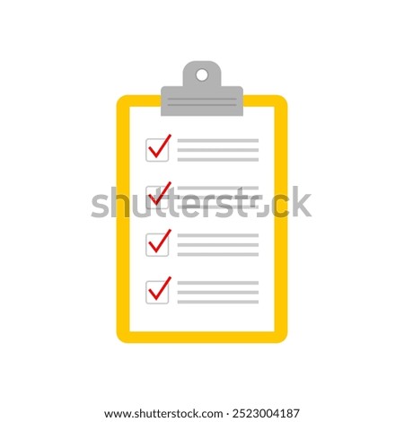 Clipboard with a  paper for taking notes, writing, planning. Top view of a document on white background. Checklist on clipboard marking checkmark on paper checklist. Filling questionnaire, survey form