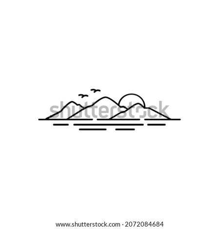 Sunset Island Lake Beach Sea Ocean, Mountain Peak Hill logo design inspiration with line art style