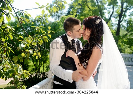 Wedding couple on the nature is hugging each other. Beautiful model girl in white dress. Man in suit. Beauty bride with groom. Female and male portrait. Woman with lace veil. Lady and guy outdoors
